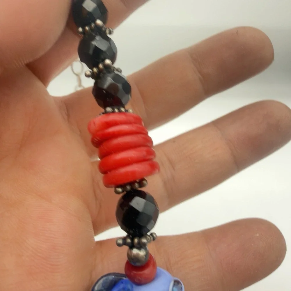 Vtg Sterling Silver Hand blow Glass Bead Necklace Fish Red Coral Y Drop Signed